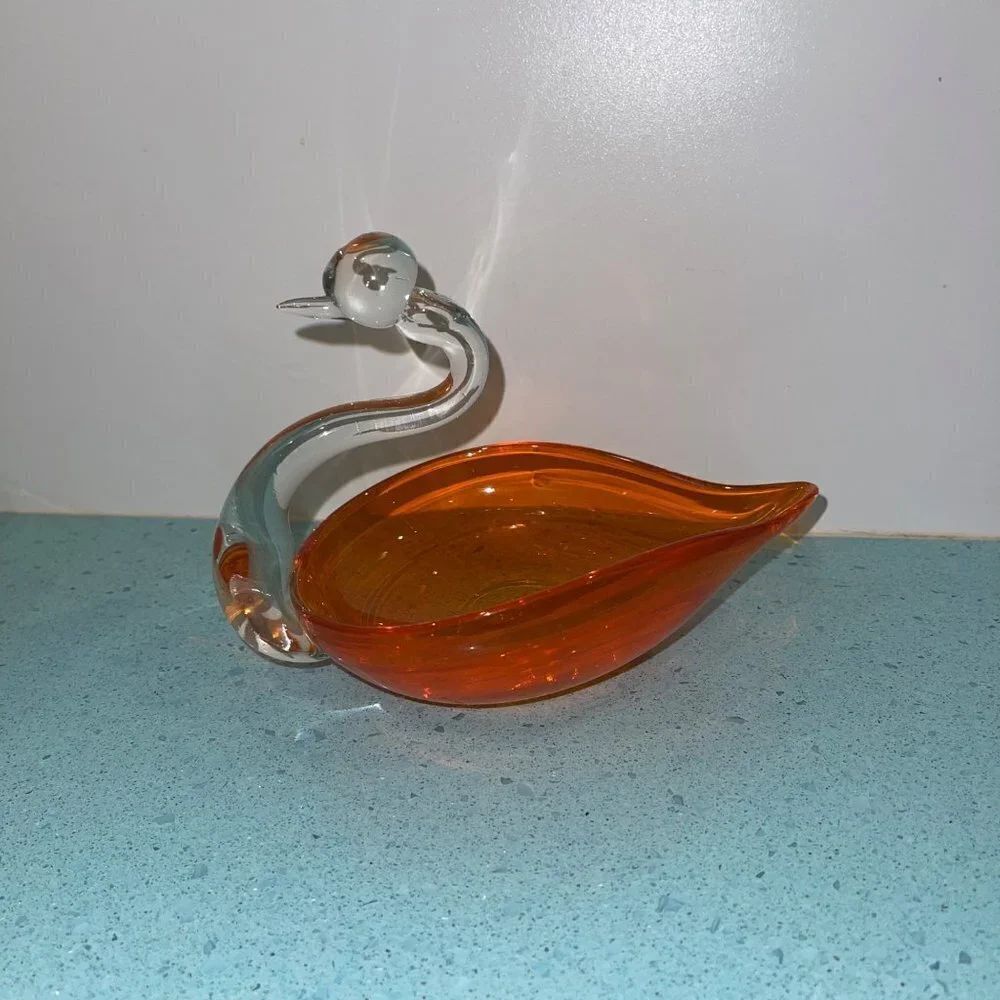 Art Glass MCM Orange Clear Glass Swan Ashtray - Picture 1 of 10